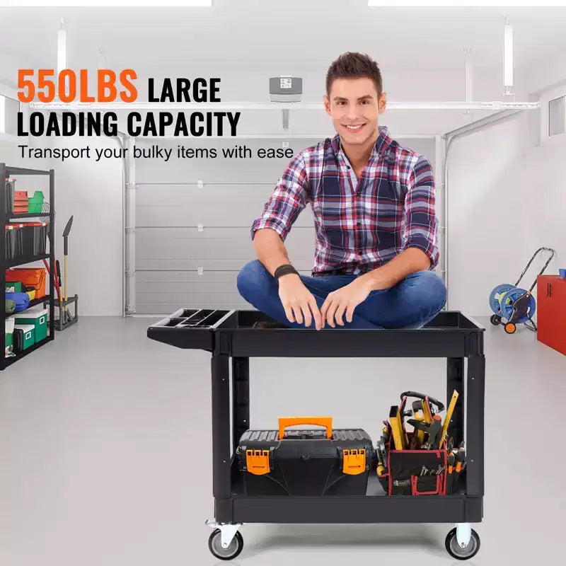 VEVOR Utility Service Cart, 2 Shelf 550LBS Heavy Duty Plastic Rolling Utility Cart with 360 Swivel Wheels (2 with Brakes)