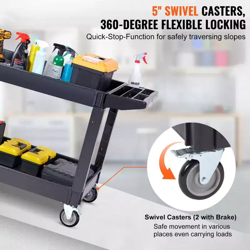 VEVOR Utility Service Cart, 2 Shelf 550LBS Heavy Duty Plastic Rolling Utility Cart with 360 Swivel Wheels (2 with Brakes)