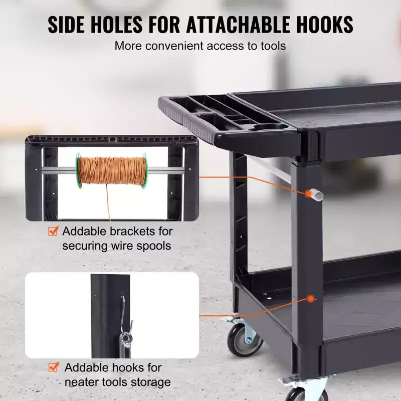 VEVOR Utility Service Cart, 2 Shelf 550LBS Heavy Duty Plastic Rolling Utility Cart with 360 Swivel Wheels (2 with Brakes)