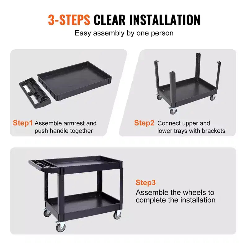VEVOR Utility Service Cart, 2 Shelf 550LBS Heavy Duty Plastic Rolling Utility Cart with 360 Swivel Wheels (2 with Brakes)