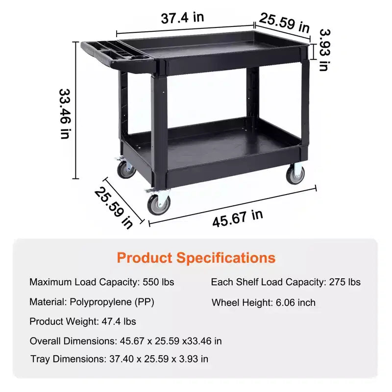 VEVOR Utility Service Cart, 2 Shelf 550LBS Heavy Duty Plastic Rolling Utility Cart with 360 Swivel Wheels (2 with Brakes)