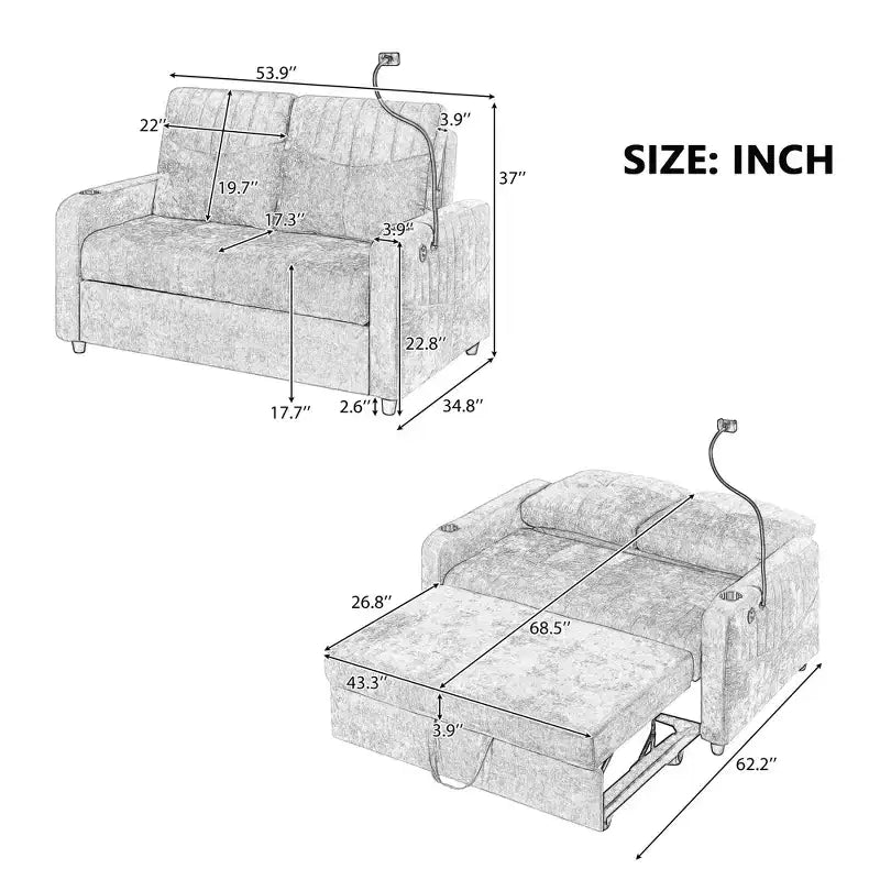 Whisen 54 Modern Loveseat Pull-out Sofa Bed with Adjustable Backrest, Two Cup Holders, Three Charging Ports