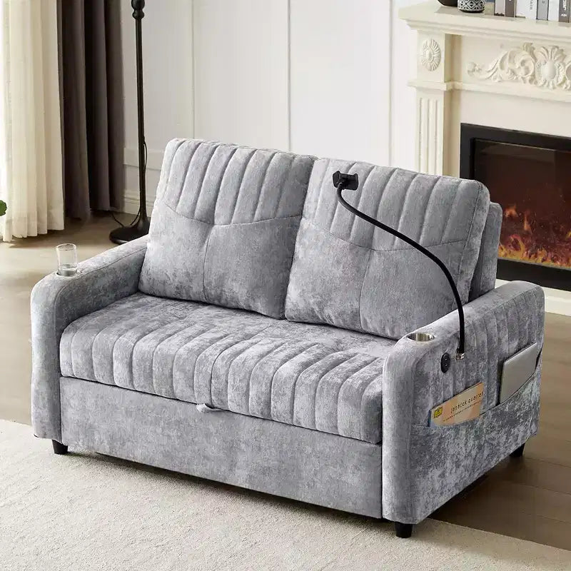 Whisen 54 Modern Loveseat Pull-out Sofa Bed with Adjustable Backrest, Two Cup Holders, Three Charging Ports