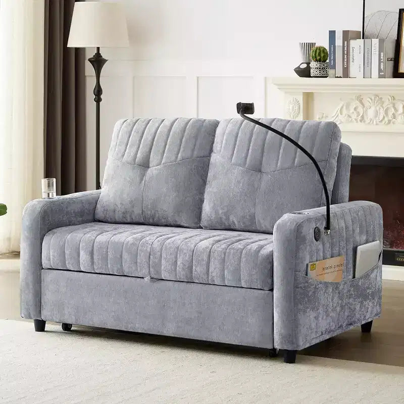 Whisen 54 Modern Loveseat Pull-out Sofa Bed with Adjustable Backrest, Two Cup Holders, Three Charging Ports