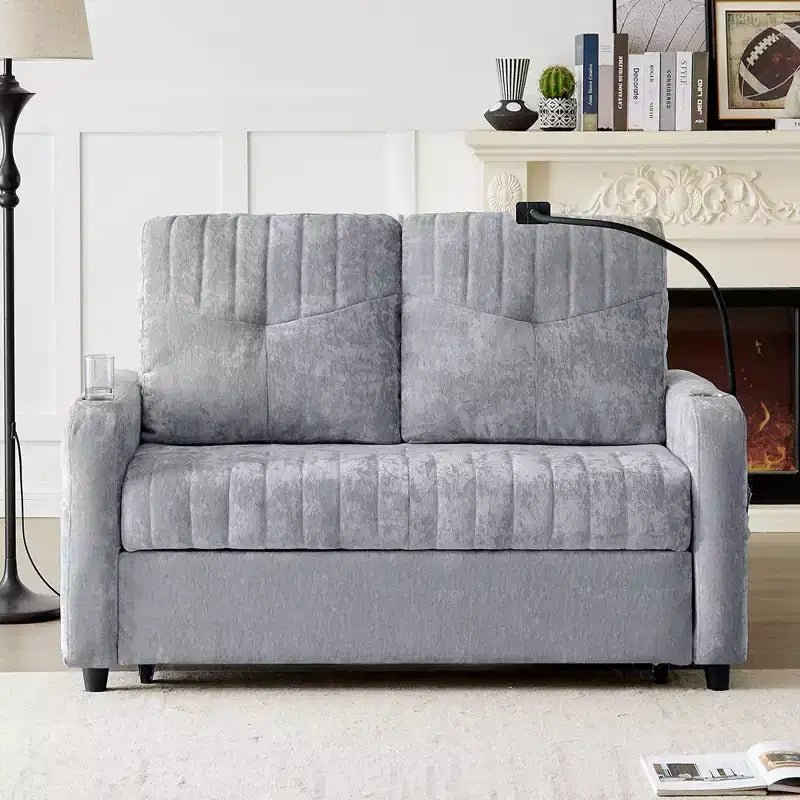 Whisen 54 Modern Loveseat Pull-out Sofa Bed with Adjustable Backrest, Two Cup Holders, Three Charging Ports
