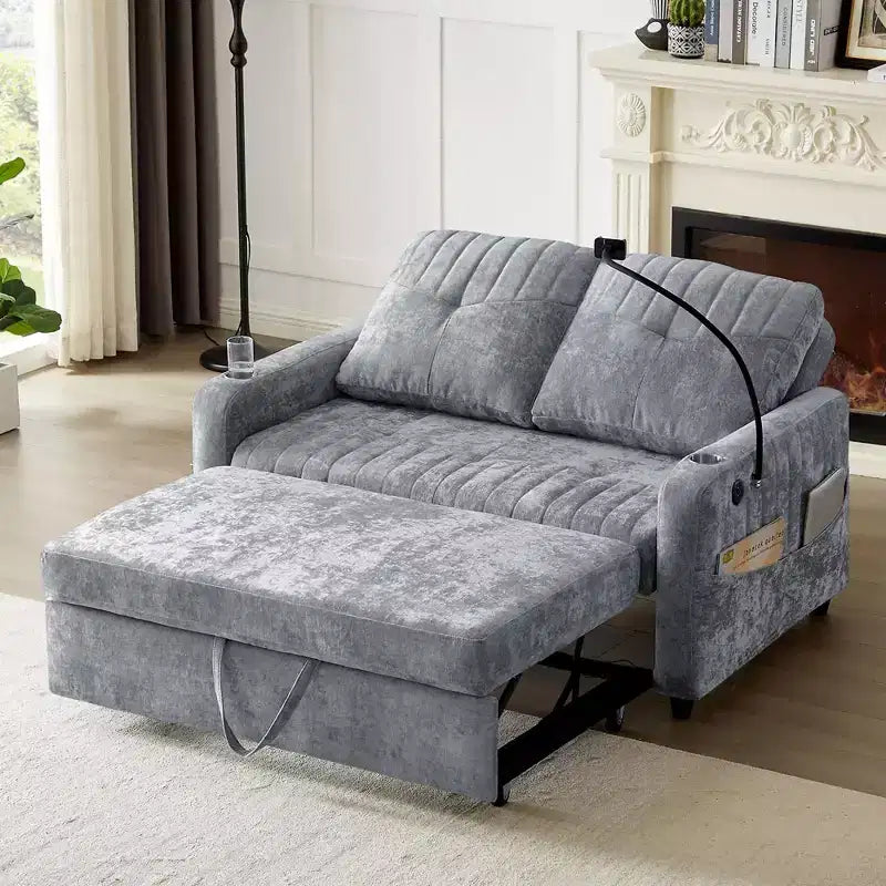 Whisen 54 Modern Loveseat Pull-out Sofa Bed with Adjustable Backrest, Two Cup Holders, Three Charging Ports