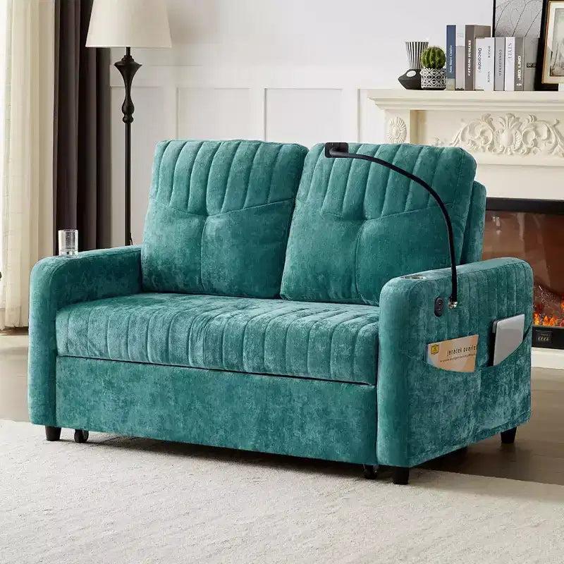 Whisen 54 Modern Loveseat Pull-out Sofa Bed with Adjustable Backrest, Two Cup Holders, Three Charging Ports