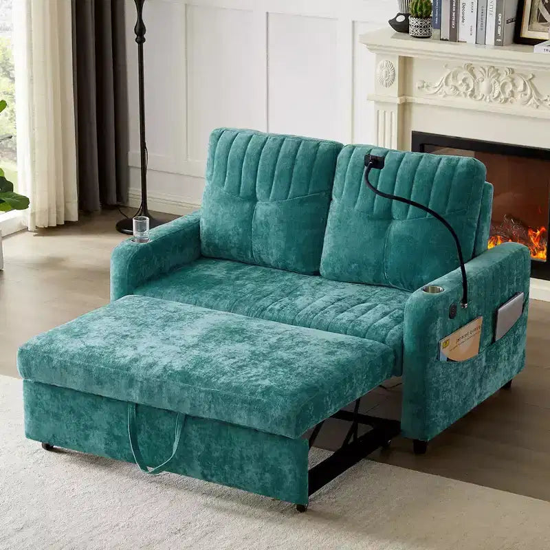 Whisen 54 Modern Loveseat Pull-out Sofa Bed with Adjustable Backrest, Two Cup Holders, Three Charging Ports