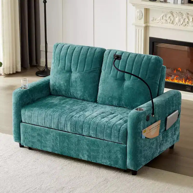 Whisen 54 Modern Loveseat Pull-out Sofa Bed with Adjustable Backrest, Two Cup Holders, Three Charging Ports
