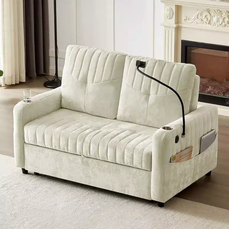 Whisen 54 Modern Loveseat Pull-out Sofa Bed with Adjustable Backrest, Two Cup Holders, Three Charging Ports