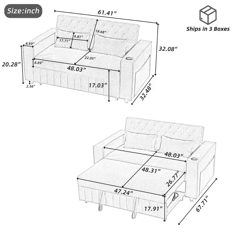 Whisen 54 Modern Loveseat Pull-out Sofa Bed with Adjustable Backrest, Two Cup Holders, Three Charging Ports