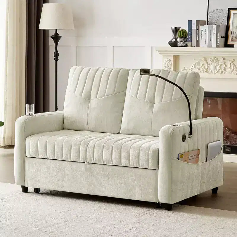Whisen 54 Modern Loveseat Pull-out Sofa Bed with Adjustable Backrest, Two Cup Holders, Three Charging Ports