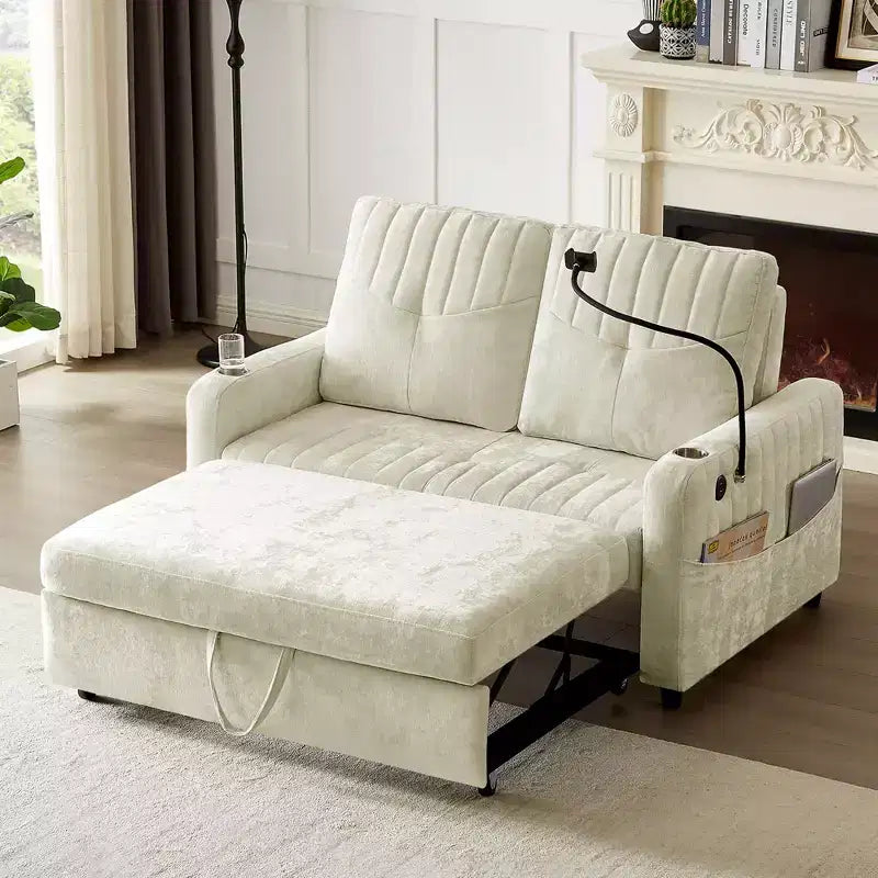 Whisen 54 Modern Loveseat Pull-out Sofa Bed with Adjustable Backrest, Two Cup Holders, Three Charging Ports