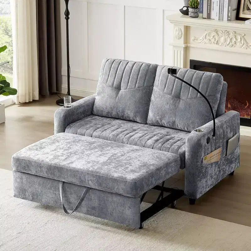 Whisen 54 Modern Loveseat Pull-out Sofa Bed with Adjustable Backrest, Two Cup Holders, Three Charging Ports