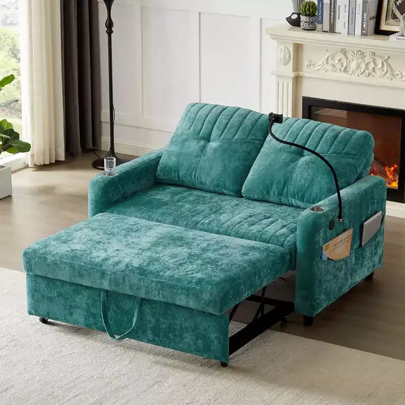 Whisen 54 Modern Loveseat Pull-out Sofa Bed with Adjustable Backrest, Two Cup Holders, Three Charging Ports