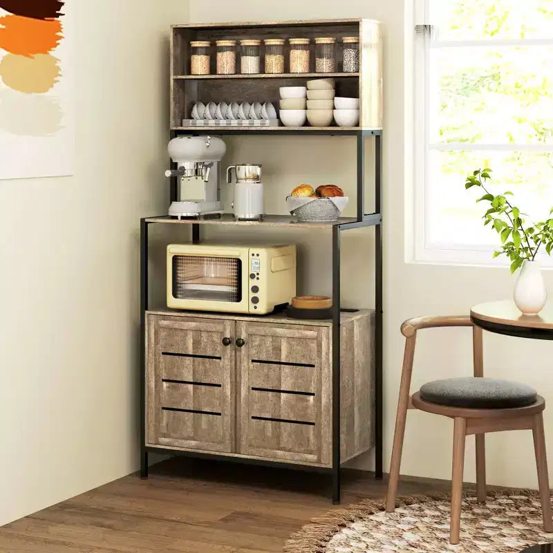 HOMCOM Baker's Rack with Power Outlet, Coffee Bar Cabinet with Storage Shelves, Microwave Stand with Louvred Door Cabinets, Gray Wood Grain