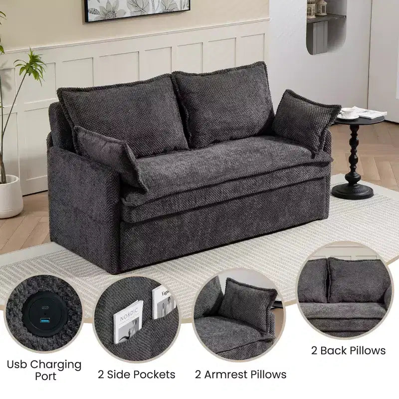 59.5/73.6W Pull Out Sofa Bed, Corduroy Convertible Sleeper Sofa Couch with Side Storage & USB Charging Station - ModernLuxe