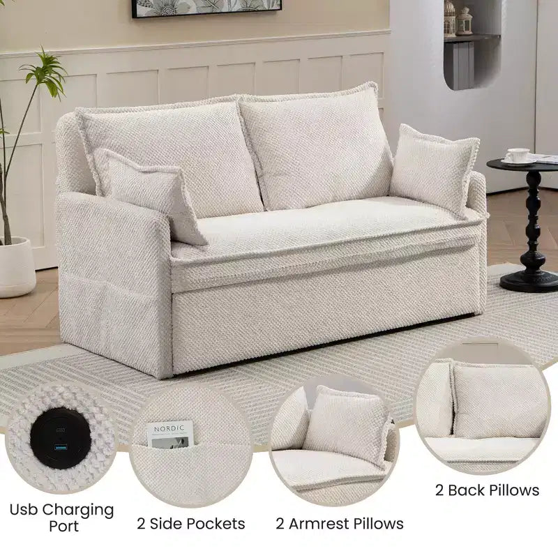 59.5/73.6W Pull Out Sofa Bed, Corduroy Convertible Sleeper Sofa Couch with Side Storage & USB Charging Station - ModernLuxe