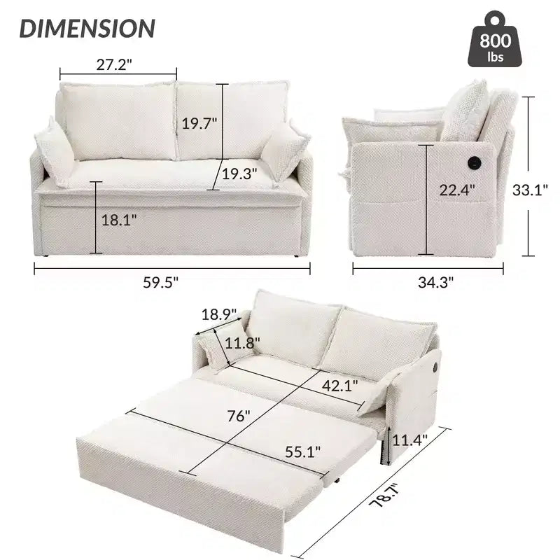 59.5/73.6W Pull Out Sofa Bed, Corduroy Convertible Sleeper Sofa Couch with Side Storage & USB Charging Station - ModernLuxe