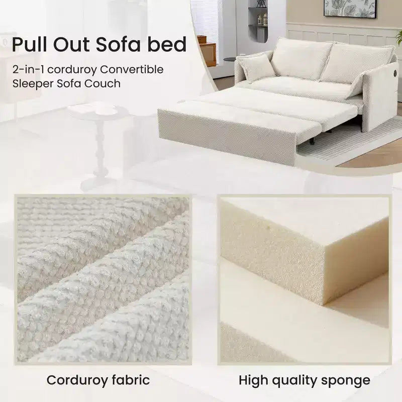 59.5/73.6W Pull Out Sofa Bed, Corduroy Convertible Sleeper Sofa Couch with Side Storage & USB Charging Station - ModernLuxe