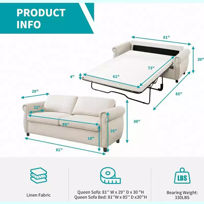 Mjkone Queen Size Pull Out Sofa Bed, 2-in-1 Convertible Sleeper Sofa Bed with Memory Foam Mattress