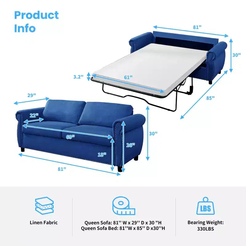 Mjkone Queen Size Pull Out Sofa Bed, 2-in-1 Convertible Sleeper Sofa Bed with Memory Foam Mattress