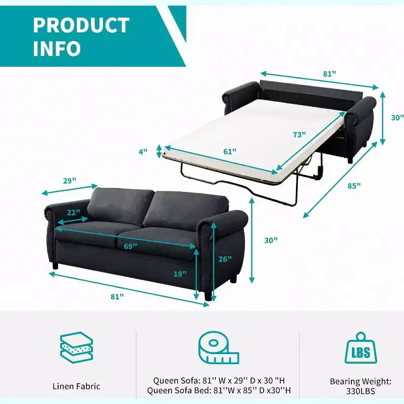Mjkone Queen Size Pull Out Sofa Bed, 2-in-1 Convertible Sleeper Sofa Bed with Memory Foam Mattress