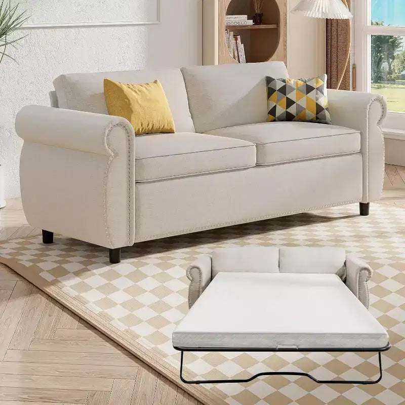 Mjkone Queen Size Pull Out Sofa Bed, 2-in-1 Convertible Sleeper Sofa Bed with Memory Foam Mattress