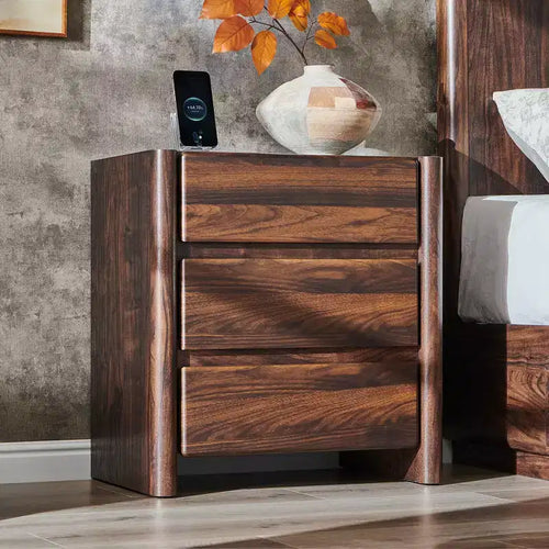 25 Tall Modern Nightstand with Charging Station & 3 Drawers, Rounded Corner Design, Wood Bedside Table for Bedroom & Living Room